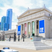 A stock photo of the front of the Field Museum in Chicago.
