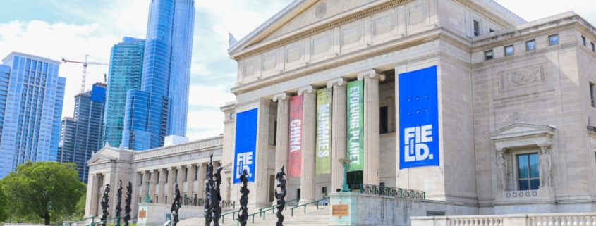 A stock photo of the front of the Field Museum in Chicago.