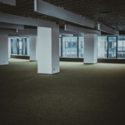 An empty office space in a large building.