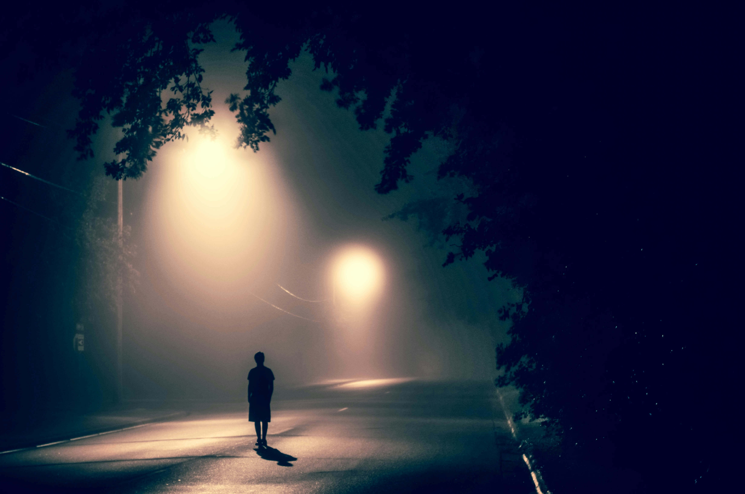 A silhouette of a person walking under a streetlight.